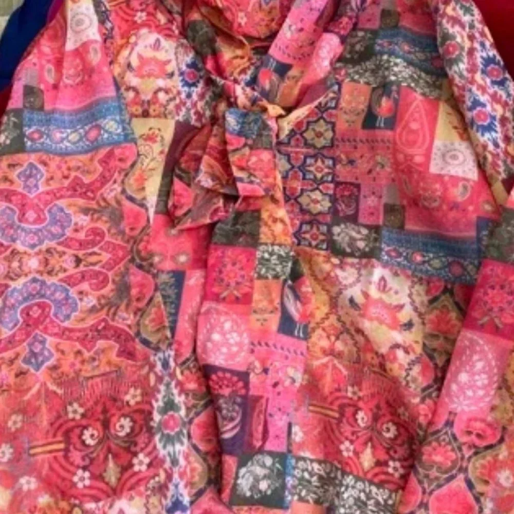 Boho Patchwork long Sleeve Tie Neck Blouse Multi color - Picture 10 of 10